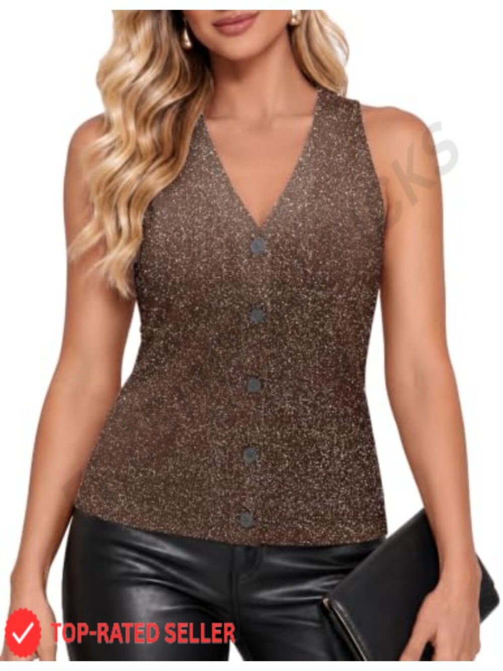 Sparkly Knit V-Neck Button Down Tank Top Sleeveless Ribbed Hem